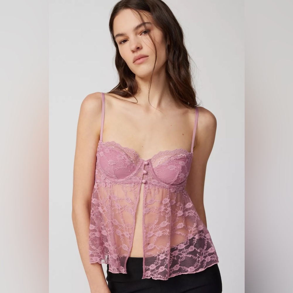 UO Out From Under Cherie Sheer Lace Cropped Babydoll Cami